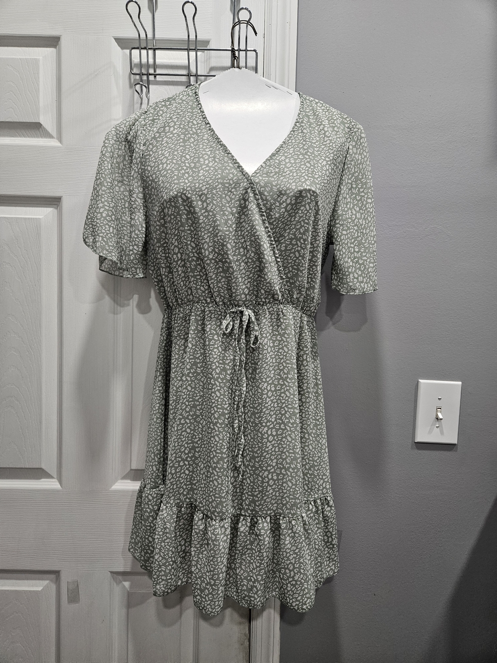 Sage Green Wrap-Front Midi Dress with Tie Waist